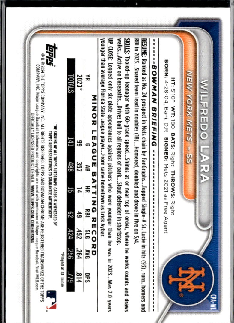 Wilfredo Lara 2024 Bowman Chrome 1st Auto Autograph New York Mets