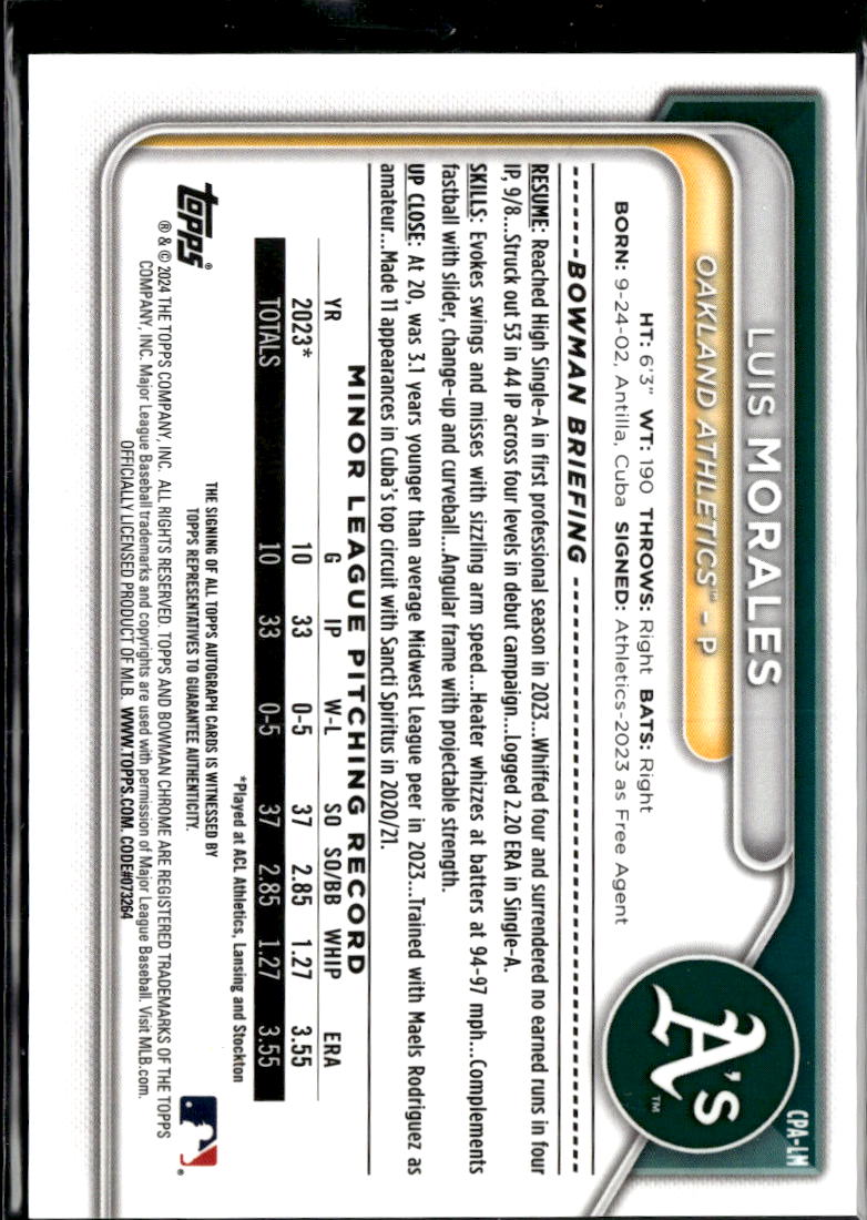 Luis Morales 2024 Bowman Chrome Auto Yellow Refractor /75 Oakland Athletics
