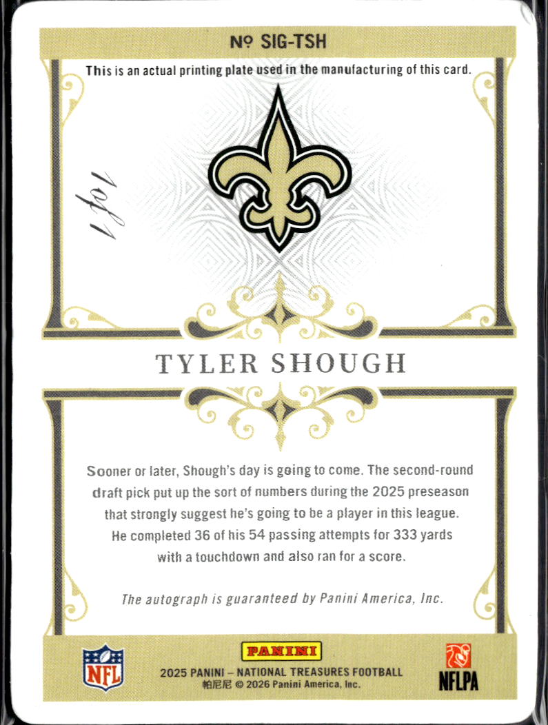 Tyler Shough 2025 National Treasures Auto Autograph Printing Plate RC 1/1 Saints