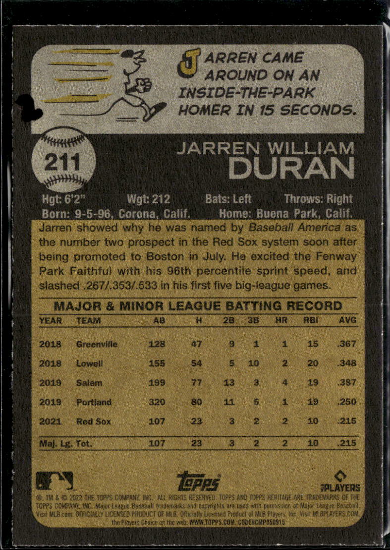 Jarren Duran 2022 Topps Heritage RC Rookie Boston Red Sox