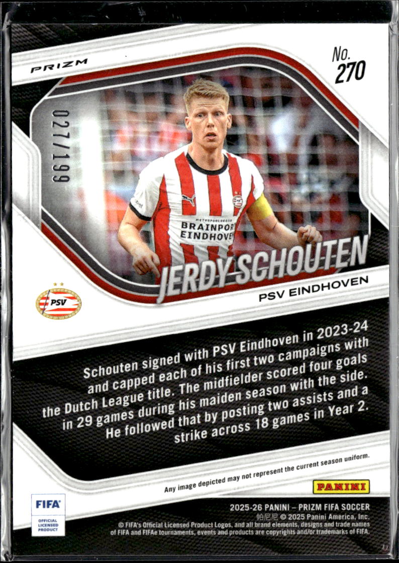 Jerdy Schouten 2025 Panini Prizm FIFA Soccer Blue /199 PSV Eindhoven