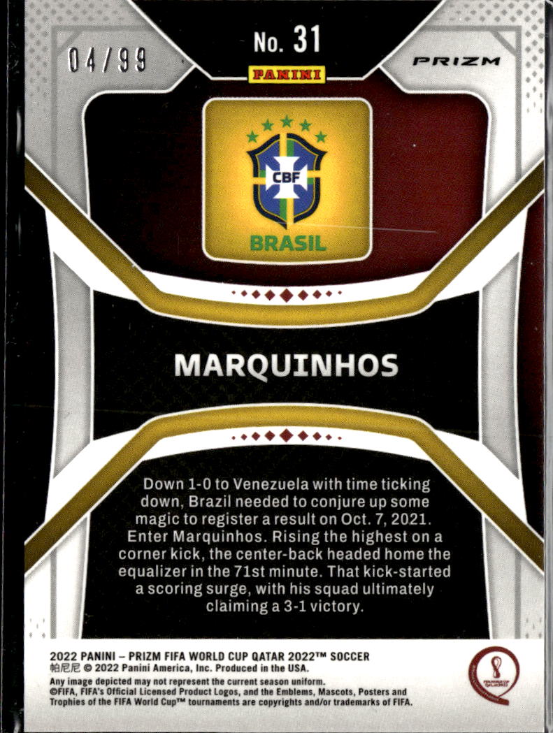 Marquinhos 2022 Panini Prizm FIFA World Cup Purple /99 Brazil