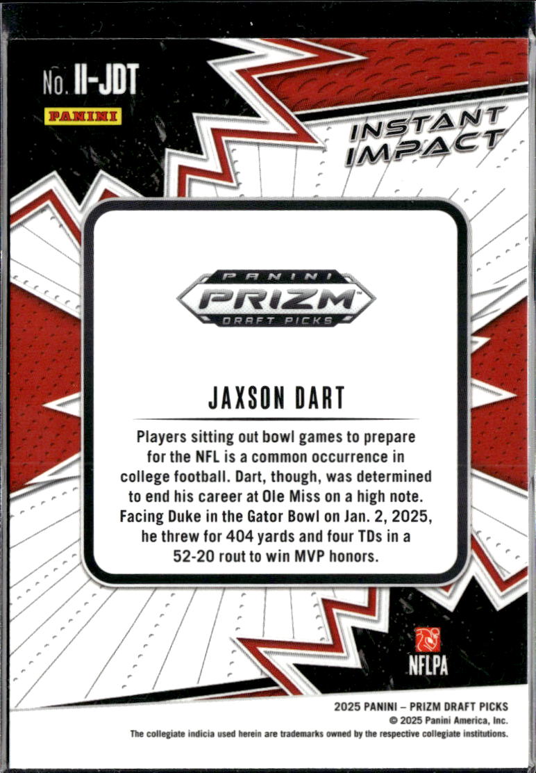 Jaxson Dart 2025 Panini Prizm Draft Instant Impact RC Rookie Ole Miss Rebels