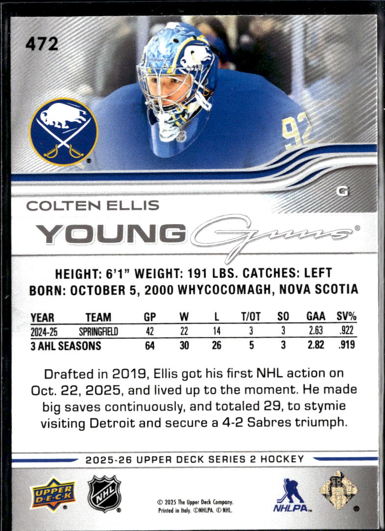 Colten Ellis 2025 Upper Deck Series 2 Young Guns Buffalo Sabres