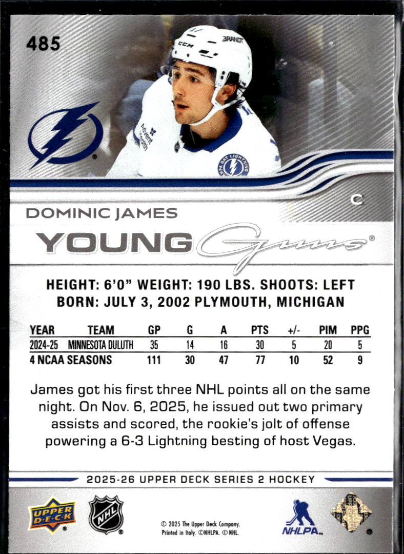 Dominic James 2025 Upper Deck Series 2 Hockey Young Guns Tampa Bay Lightning