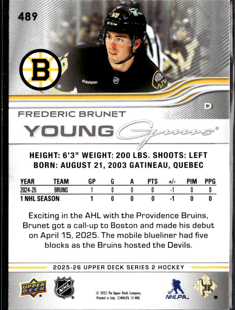 Frederic Brunet 2025 Upper Deck Series 2 Young Guns Boston Bruins