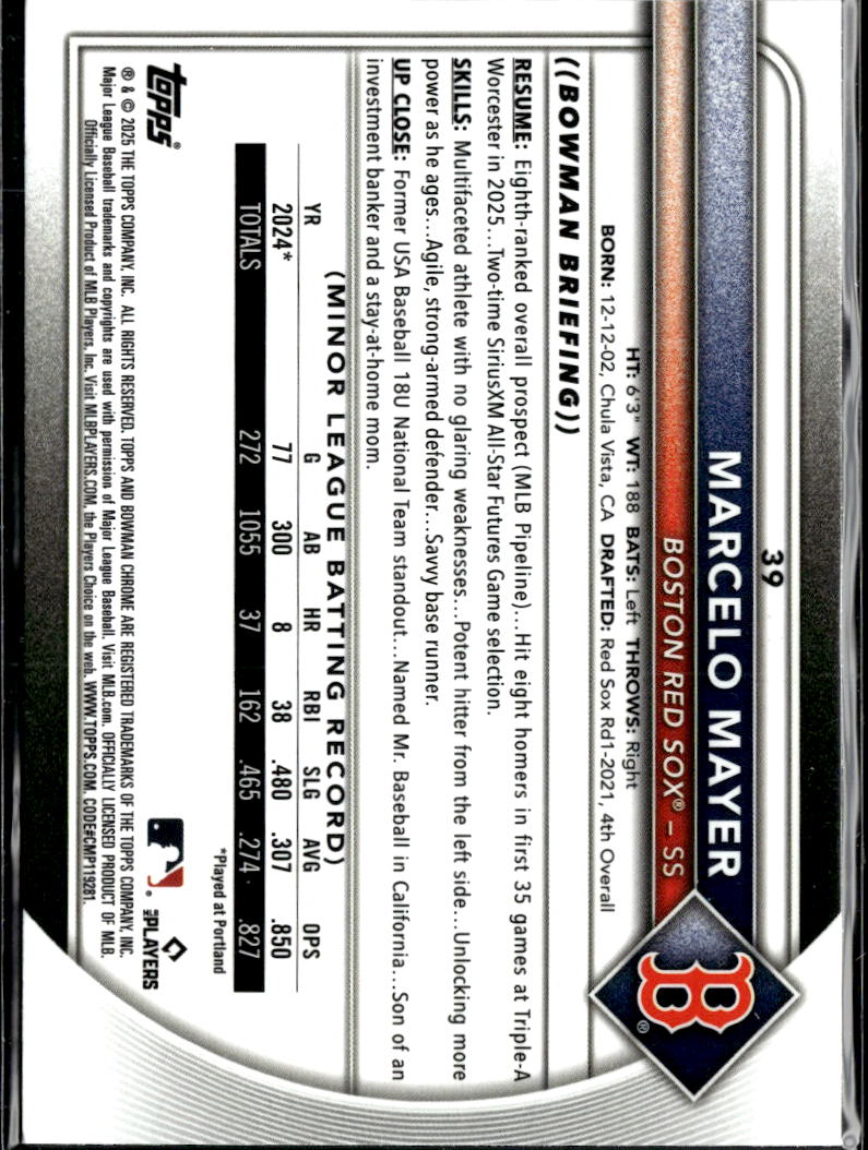 Marcelo Mayer 2025 Bowman Chrome Red Rookie RC Boston Red Sox