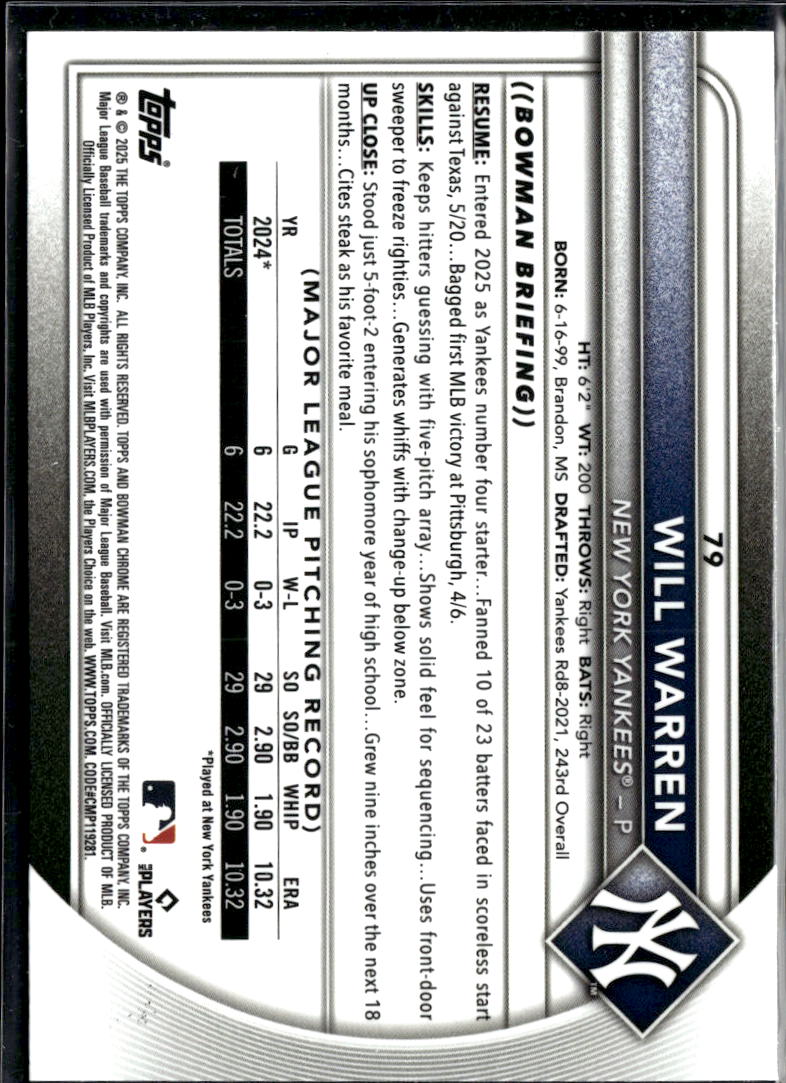 Will Warren 2025 Bowman Chrome Red Rookie RC New York Yankees