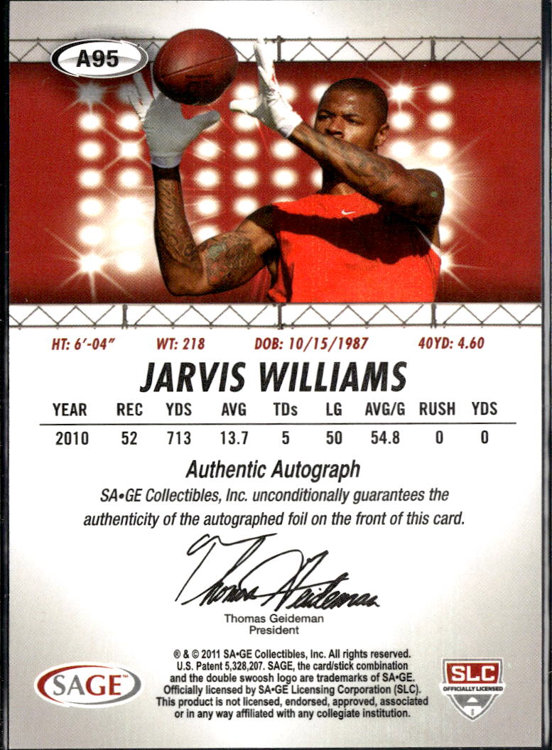Jarvis Williams 2011 SAGE HIT Auto Autograph RC Rookie