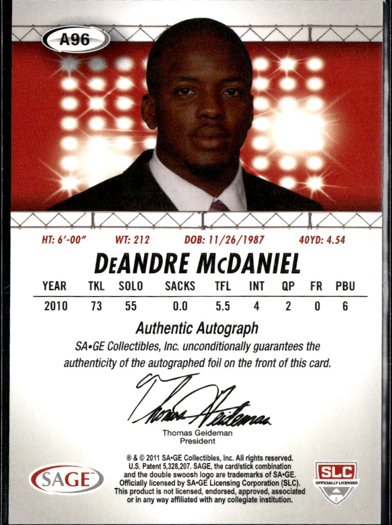 DeAndre McDaniel 2011 SAGE HIT Auto Autograph RC Clemson Tigers