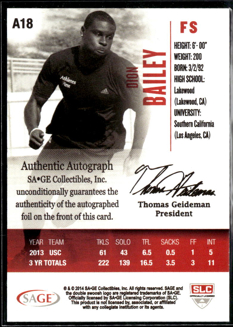 Dion Bailey 2014 SAGE HIT Auto Autograph RC USC Trojans