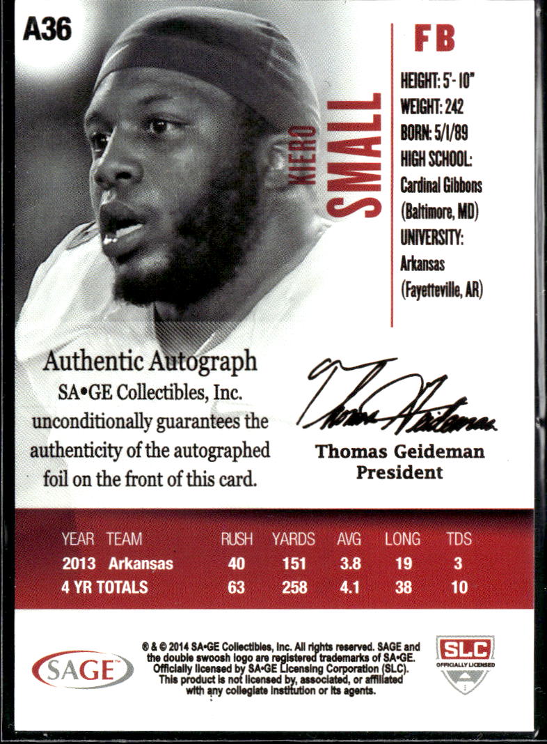 Kiero Small 2014 SAGE HIT Autographs Auto Arkansas Razorbacks