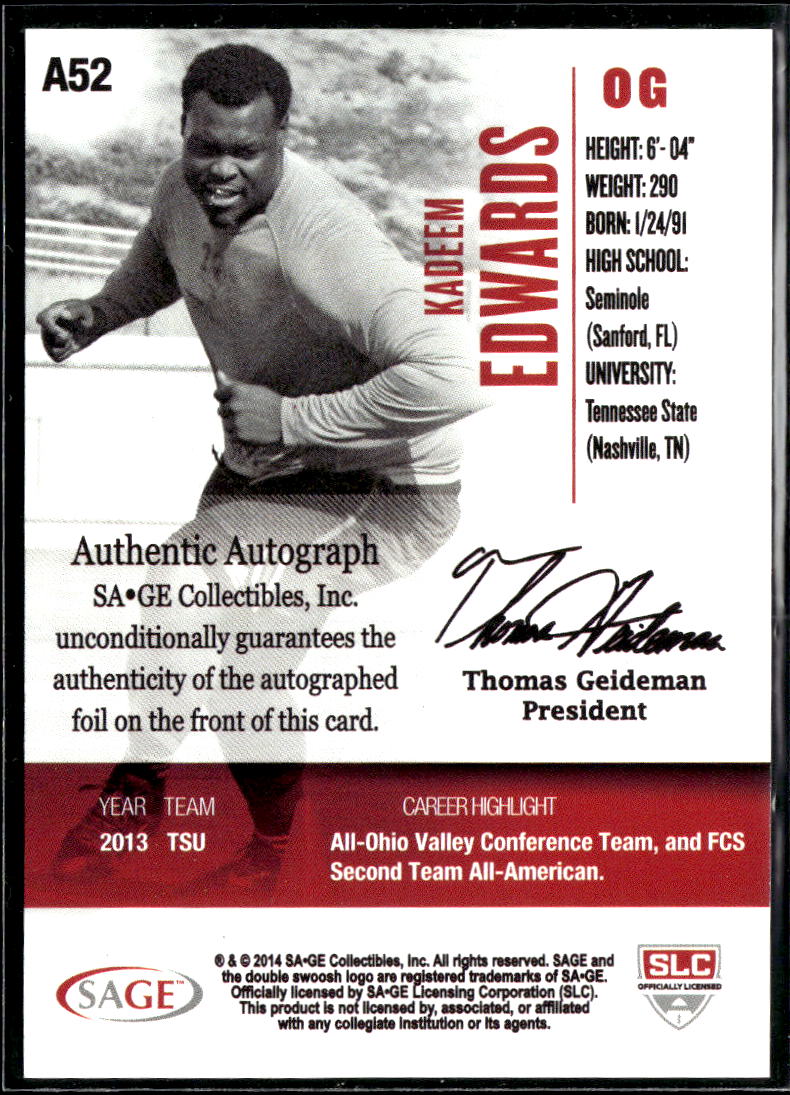 Kadeem Edwards 2014 SAGE HIT Auto Autograph Tennessee State Tigers