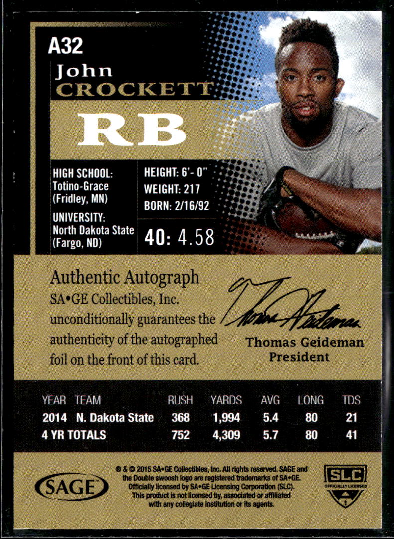 John Crockett 2015 SAGE HIT Auto Autograph North Dakota State Bison