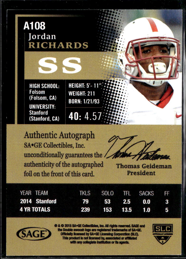Jordan Richards 2015 SAGE HIT Auto Autograph RC Stanford Cardinal