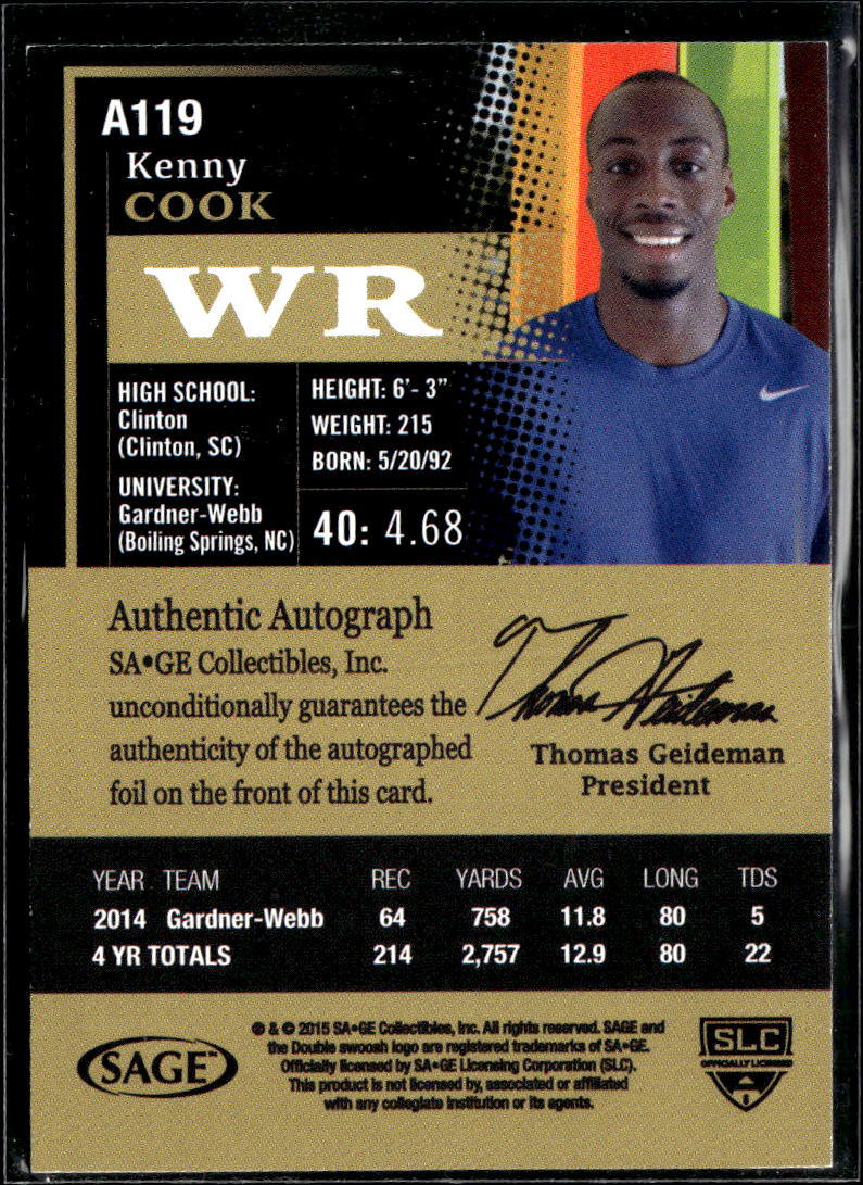 Kenny Cook 2015 SAGE HIT Auto Autograph Gardner-Webb Runnin' Bulldogs