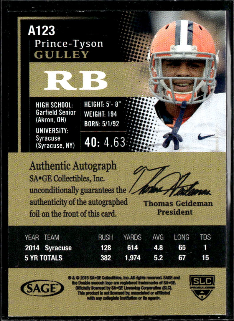 Prince-Tyson Gulley 2015 SAGE HIT Auto Autograph RC Syracuse Orange