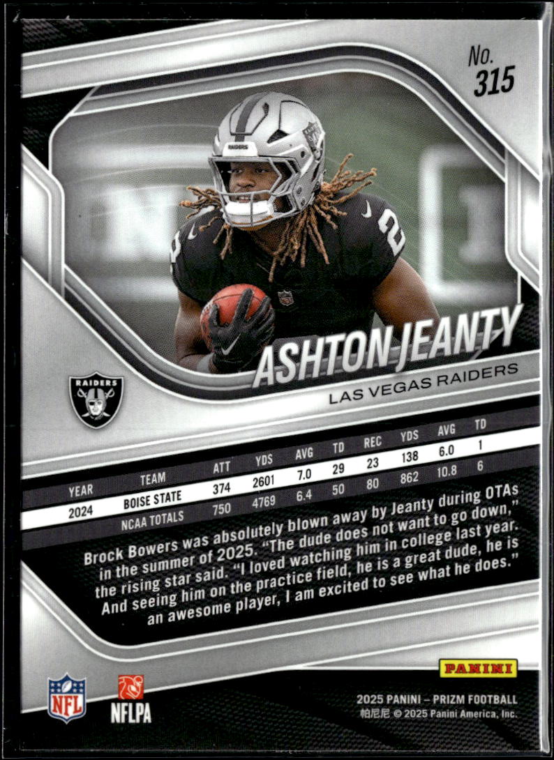 Ashton Jeanty 2025 Prizm Rookie RC Las Vegas Raiders