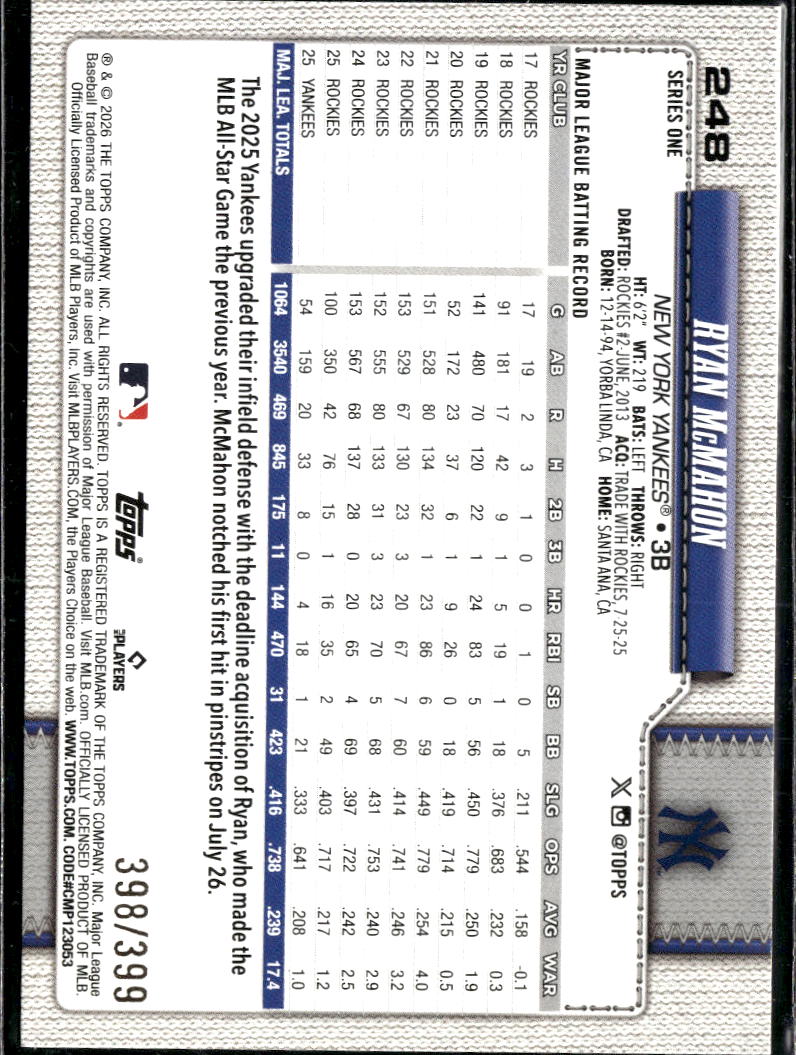 Ryan McMahon 2026 Topps Series One Yellow /399 New York Yankees
