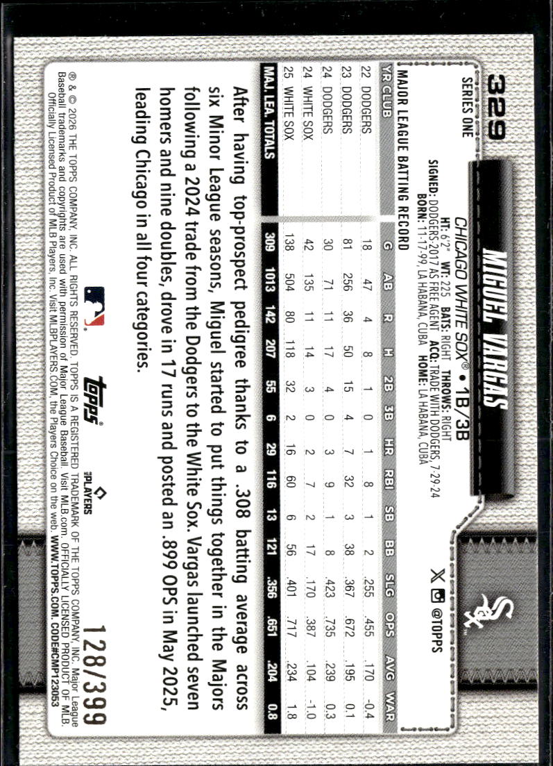 Miguel Vargas 2026 Topps Yellow /399 Chicago White Sox