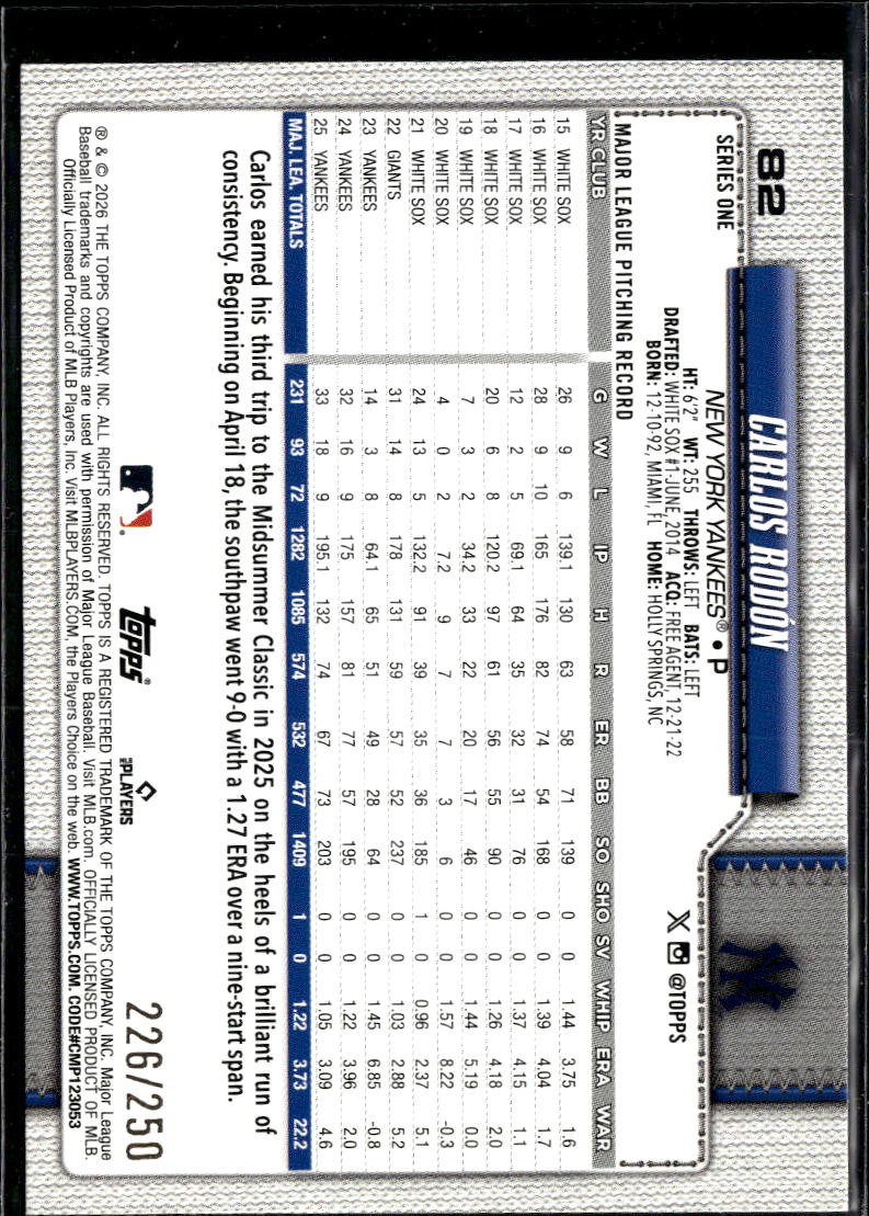 Carlos Rodón 2026 Topps Series One Purple /250 New York Yankees
