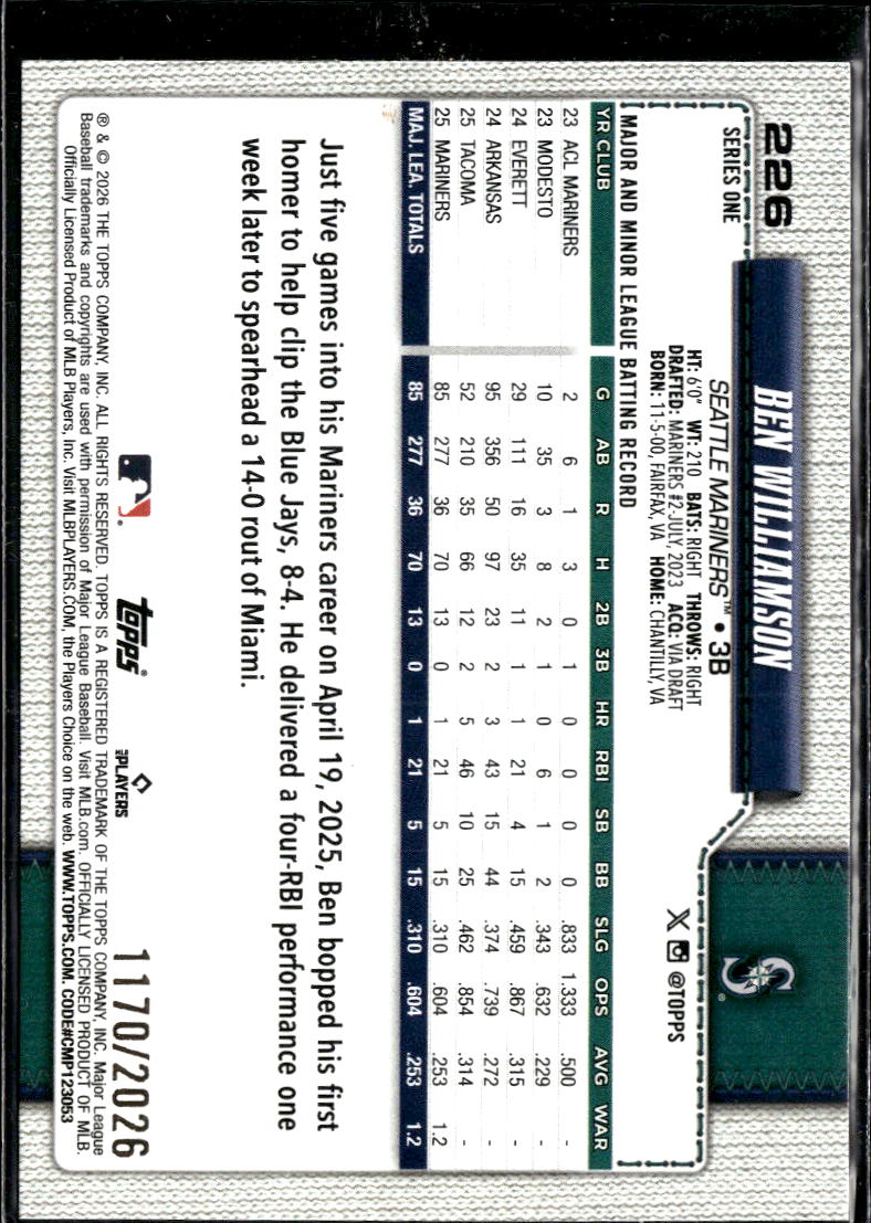 Ben Williamson 2026 Topps Series One /2026 Seattle Mariners