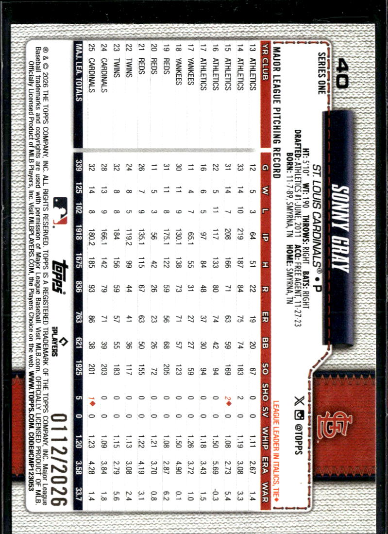 Sonny Gray 2026 Topps Gold /2026 St. Louis Cardinals
