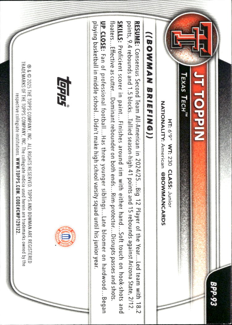 JT Toppin 2025 Bowman 1st Purple 185/199 Texas Tech Red Raiders
