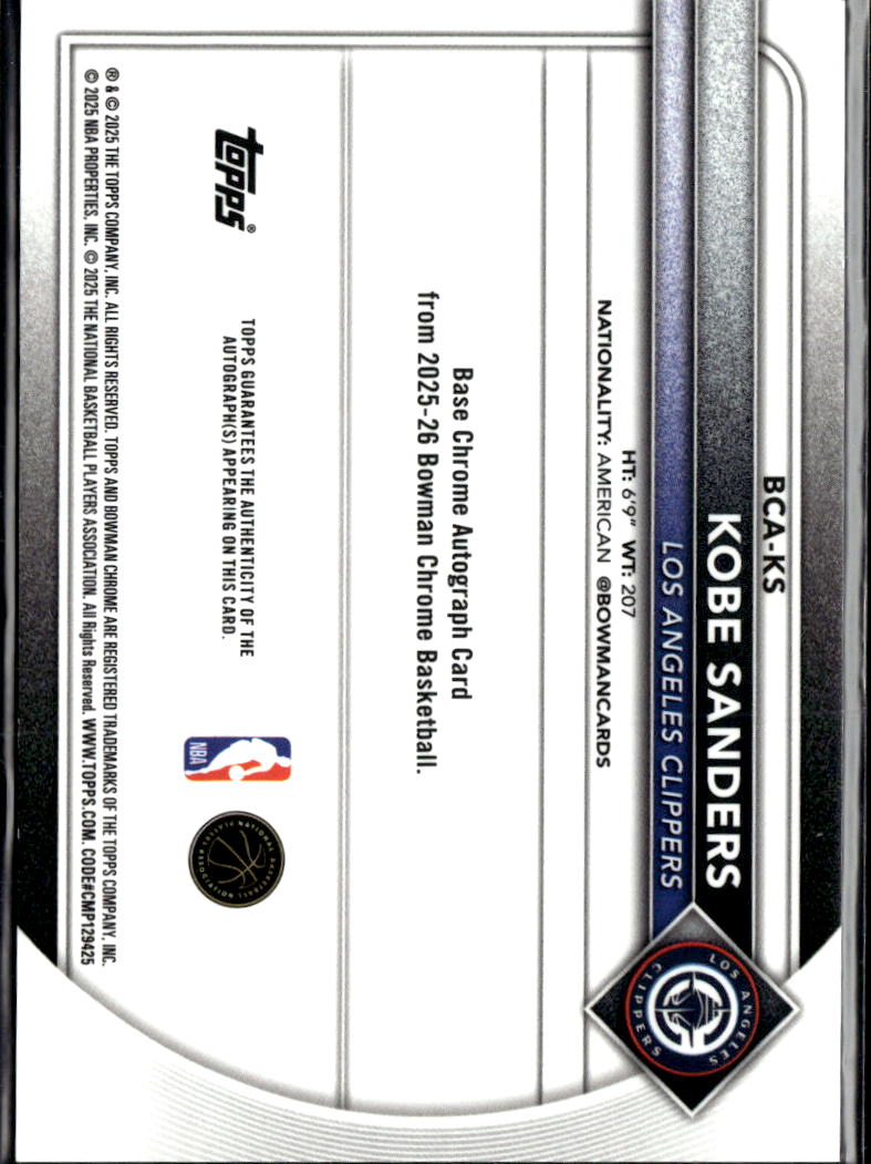 Kobe Sanders 2025 Bowman Chrome Auto Autograph RC Los Angeles Clippers