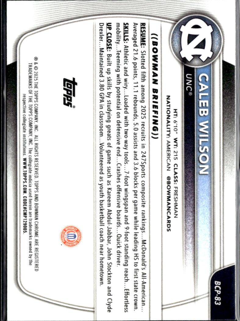 Caleb Wilson 2025 Bowman Chrome 1st Rookie RC North Carolina Tar Heels
