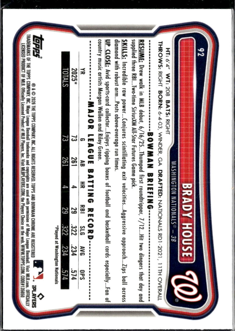 Brady House 2026 Bowman Chrome Red Rookie RC Washington Nationals