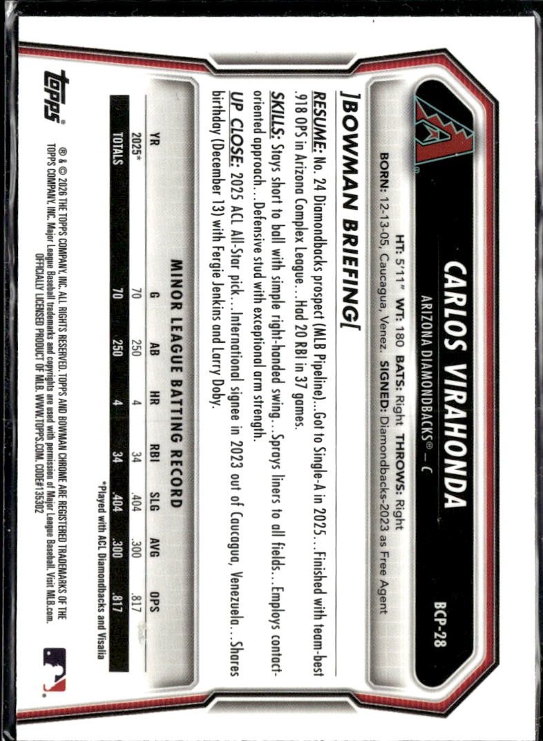 Carlos Virahonda 2026 Bowman Chrome 1st Xfractor Arizona Diamondbacks