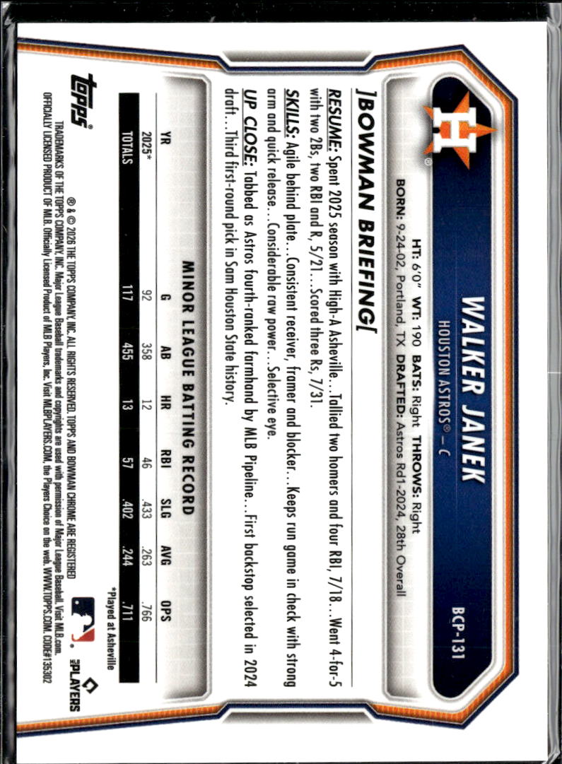 Walker Janek 2026 Bowman Chrome Reptilian Houston Astros