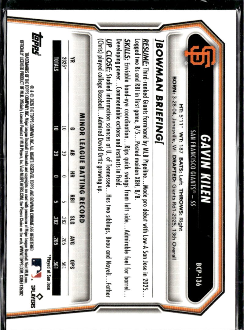 Gavin Kilen 2026 Bowman Chrome Reptilian San Francisco Giants