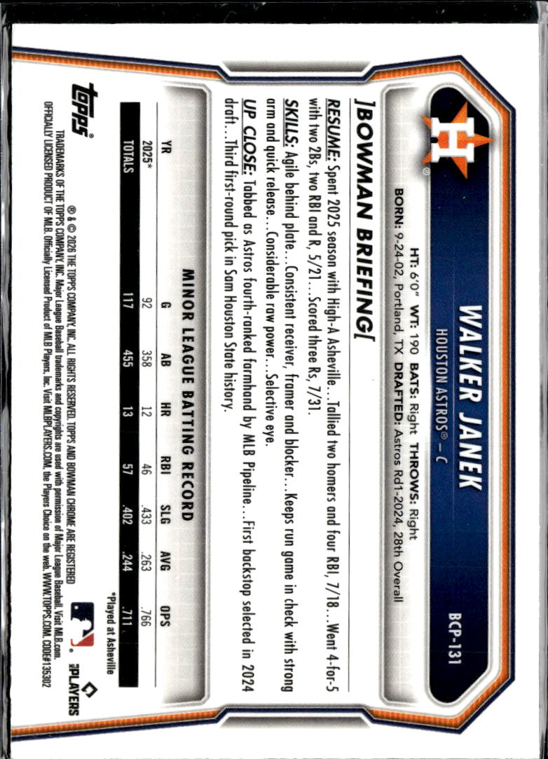 Walker Janek 2026 Bowman Chrome Reptilian Houston Astros