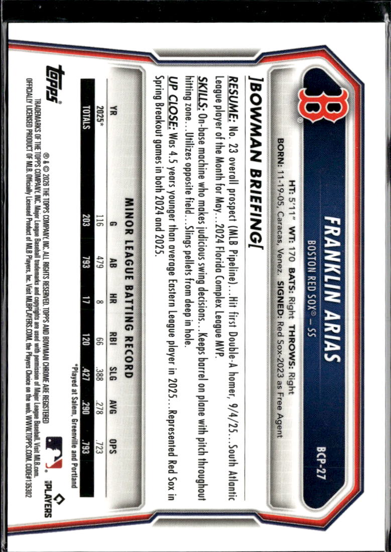 Franklin Arias 2026 Bowman Chrome Reptilian Boston Red Sox