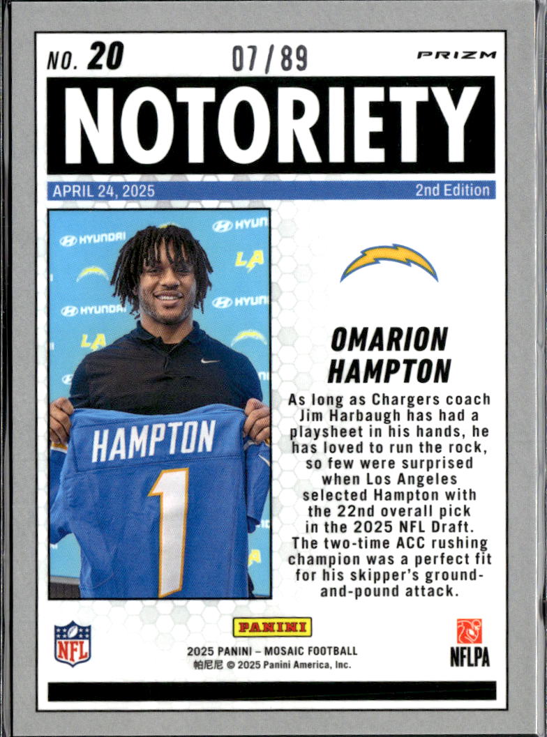 Omarion Hampton 2025 Mosaic Notoriety Yellow Rookie RC 7/89 Los Angeles Chargers