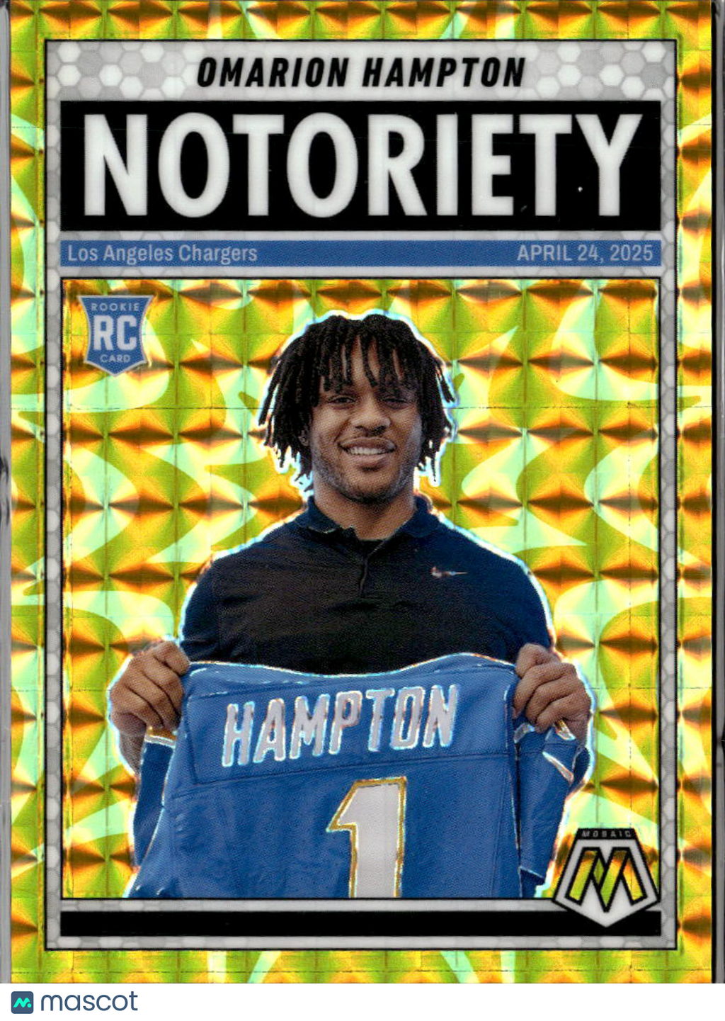 Omarion Hampton 2025 Mosaic Notoriety Yellow Rookie RC 7/89 Los Angeles Chargers