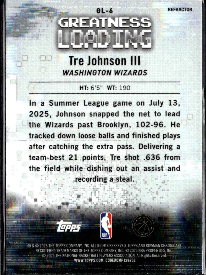 Tre Johnson III 2025 Bowman Chrome Greatness Loading Refractor Wizards