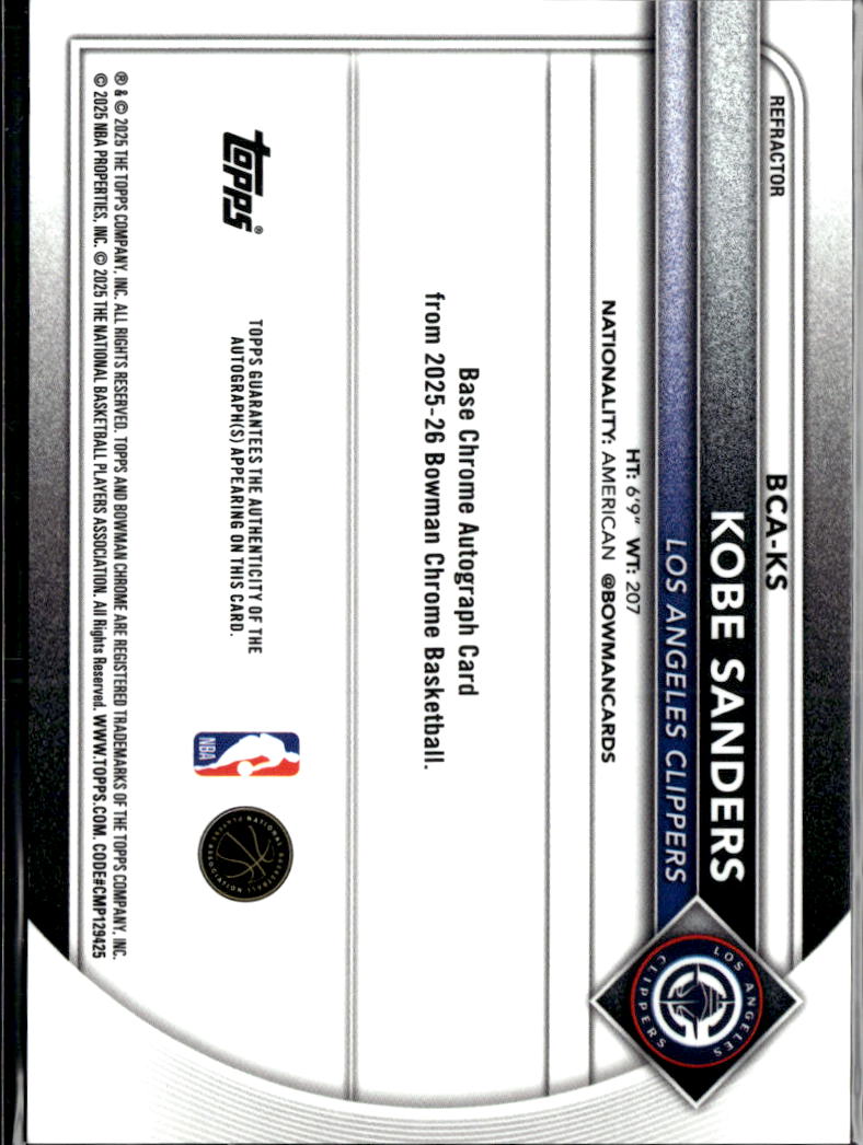 Kobe Sanders 2025 Bowman Chrome Auto Autograph RC 213/499 Los Angeles Clippers