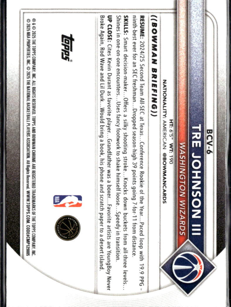 Tre Johnson III 2025 Bowman Chrome Reptilian RC Washington Wizards