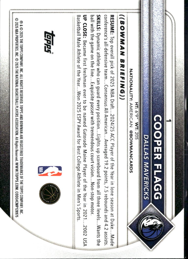 Cooper Flagg 2025 Bowman Rookie RC Dallas Mavericks