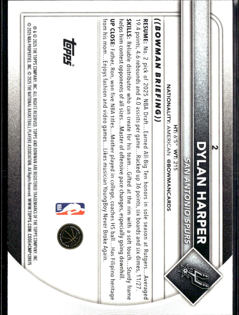 Dylan Harper 2025 Bowman Rookie RC San Antonio Spurs