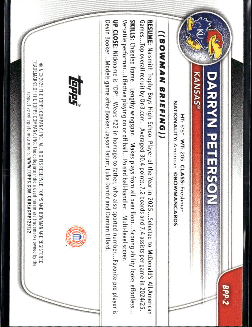 Darryn Peterson 2025 Bowman U 1st Rookie RC Kansas Jayhawks