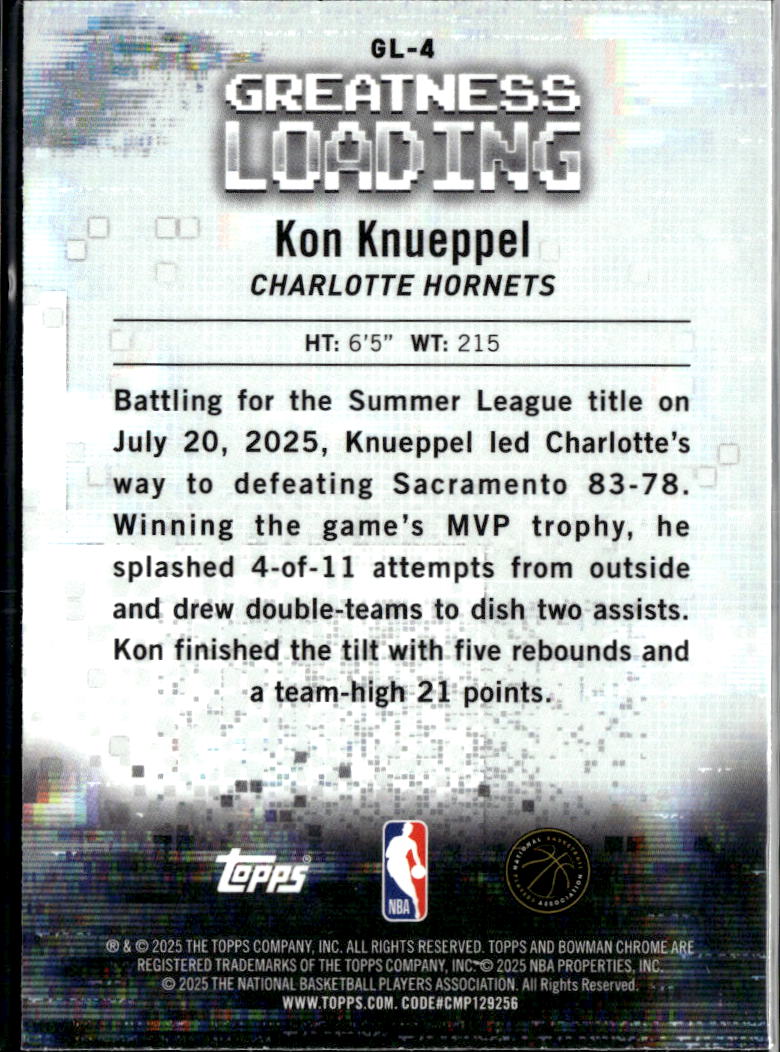 Kon Knueppel 2025 Bowman Chrome Greatness Loading RC Charlotte Hornets