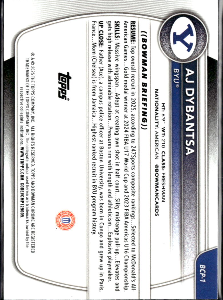 AJ Dybantsa 2025 Bowman Chrome University 1st Rookie RC BYU Cougars