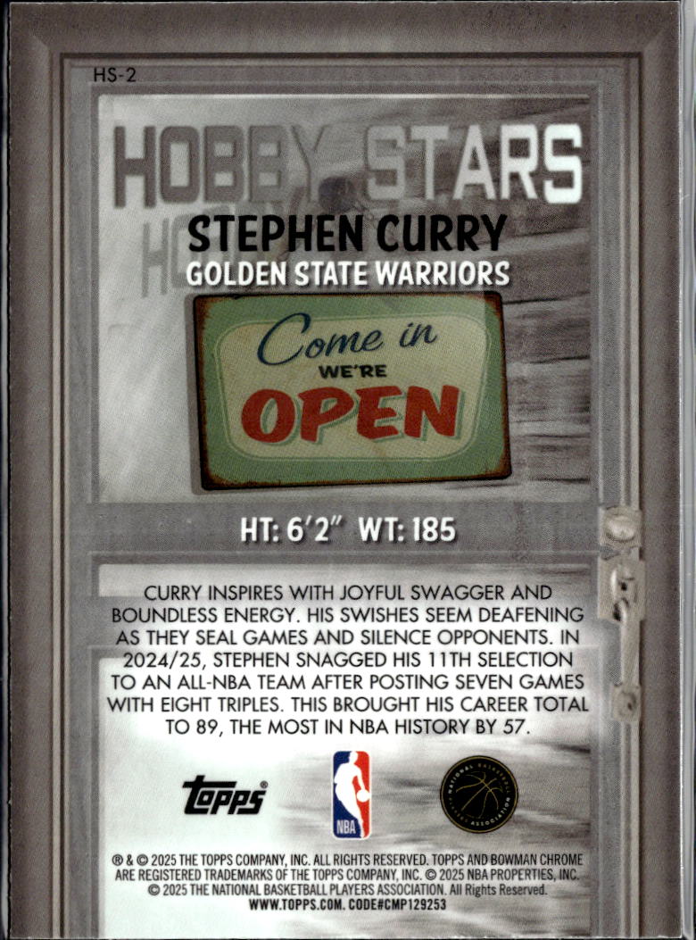 Stephen Curry 2025 Bowman Chrome Hobby Stars Golden State Warriors
