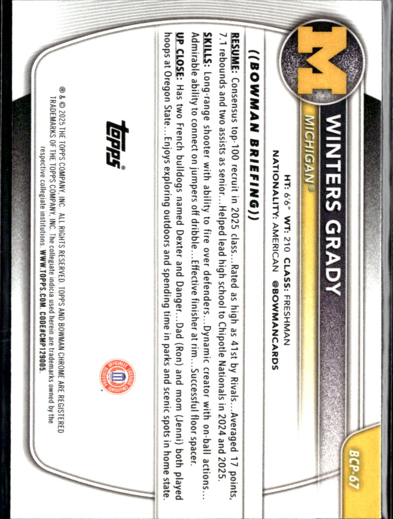 Winters Grady 2025 Bowman Chrome 1st Reptilian Refractor Michigan Wolverines