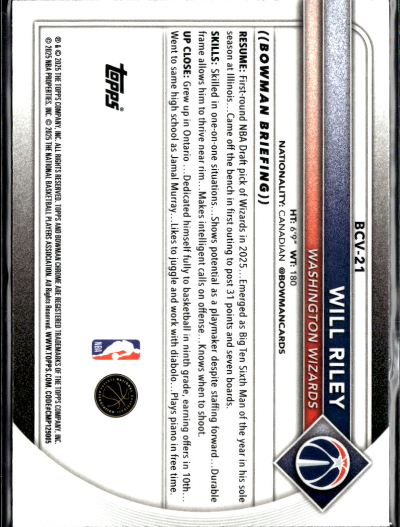 Will Riley 2025 Bowman Chrome Mini Diamond Rookie RC Washington Wizards