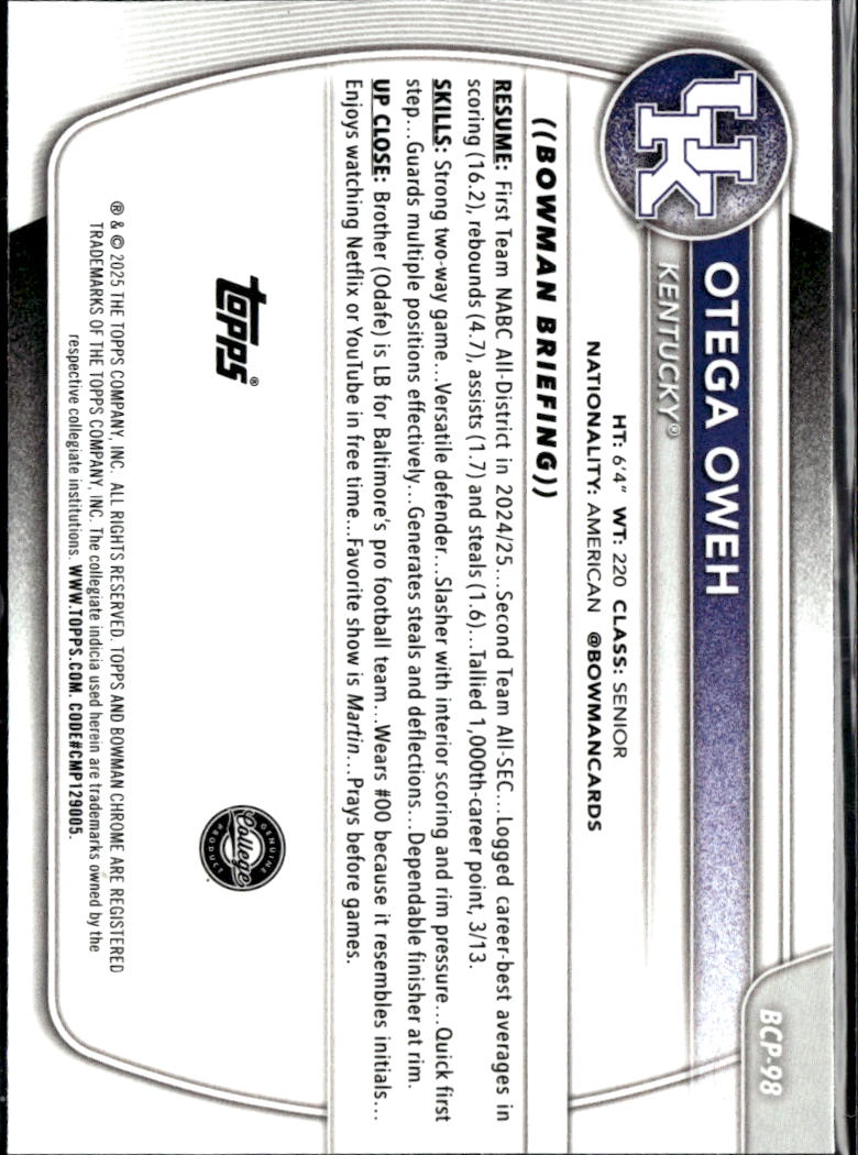 Otega Oweh 2025 Bowman Chrome Lava Refractor Kentucky Thunder /399